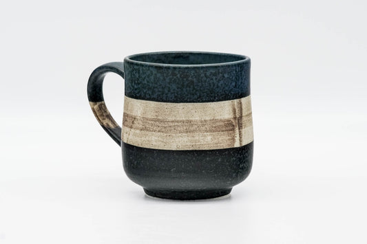 Japanese Teacup - Blue Beige Black Striped Mino-yaki Mug - 280ml