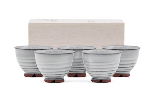 Japanese Teacups - ´»Ðã¸G Tsubakihide Kiln - Wooden Box Set of 5 White Spiraling Hagi-yaki Yunomi - 150ml