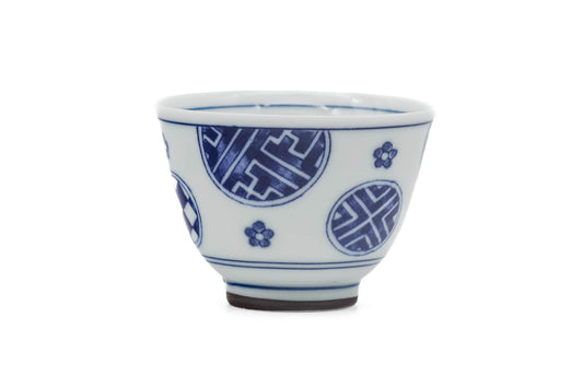 Japanese Teacup - Blue Circular Crests Porcelain Mino-yaki Yunomi - 70ml