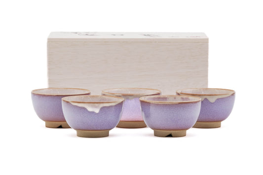 Japanese Teacups - ´»Ðã¸G Tsubakihide Kiln - Wooden Box Set of 5 Purple Drip-Glazed Hagi-yaki Yunomi - 100ml